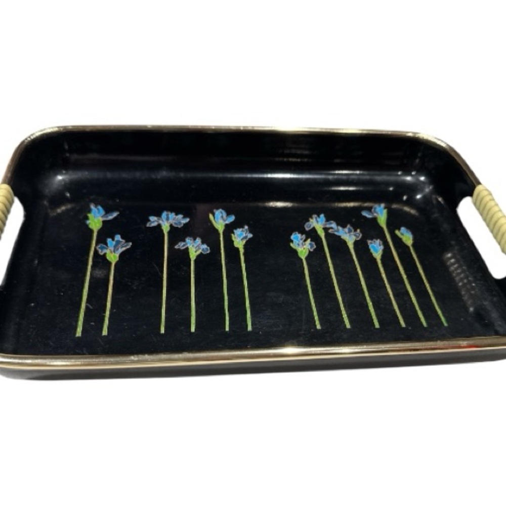 Set of 3 Japanese Lacquerware Nesting Serving Trays Blue Irises Woven Handles - Picture 9 of 12